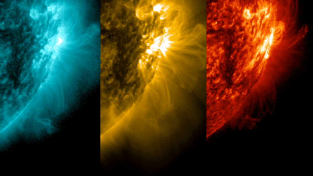 El destello brillante de cada imagen es una erupción solar captada por el Observatorio de Dinámica Solar de la NASA.