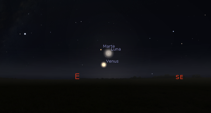 Posición de la Luna y Saturno poco antes de salir sobre el horizonte oriental el 6 de abril a las 5:30. 