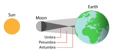 Los eclipses solares ocurren cuando la Tierra atraviesa el cono de sombra proyectado por la Luna. El cono gris oscuro detrás de la Luna indica la región del espacio donde la Luna parece cubrir completamente el disco del Sol (la umbra de la Luna ). El área gris claro a su alrededor muestra dónde la Luna parece cubrir parcialmente el disco del Sol, conocida como penumbra.