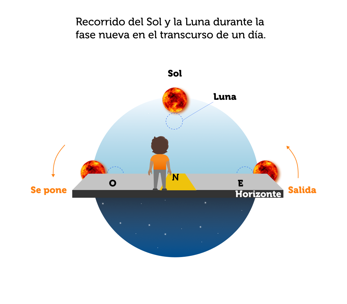 La imagen muestra la posición relativa entre el Sol y la Luna durante el transcurso del día durante la fase de Luna nueva, vistas desde la Tierra. Crédito: www.plazacielotierra.org
