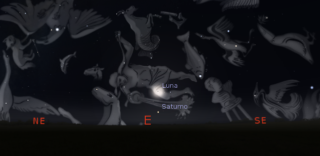 Posición de la Luna y Saturno poco antes de salir sobre el horizonte oriental el 3 de mayo a las 3:55. Crédito: www.stellarium.org