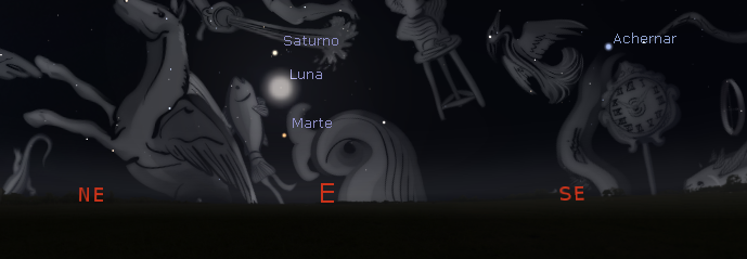 Posición de la Luna y Marte poco antes de salir sobre el horizonte oriental el 4 de mayo a las 05:42 . Crédito: www.stellarium.org