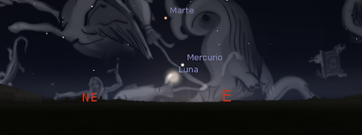 :Posición de la Luna y Mercurio poco antes de salir sobre el horizonte oriental el 6 de mayo a las 06:50. Crédito: www.stellarium.org