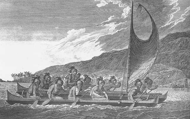 Se observa una canoa de doble casco de uso entre los navegantes polinesios.