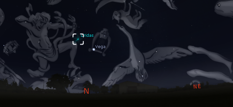 Posición del radiante de la lluvia de meteoros Líridas el día 22 a las 05:30 h. Créditos: www.stellarium.org