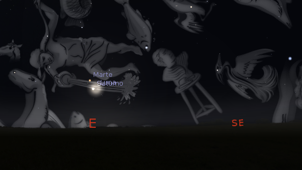 Posición de la Luna y Marte poco antes de salir sobre el horizonte oriental el 6 de abril a las 4:48. Crédito: www.stellarium.org