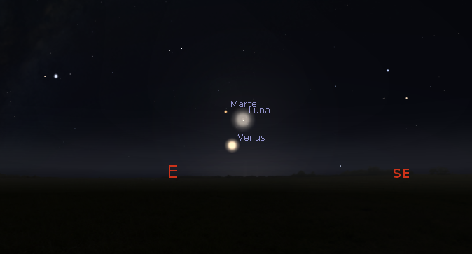 Posición de la Luna y Saturno poco antes de salir sobre el horizonte oriental el 6 de abril a las 5:30.