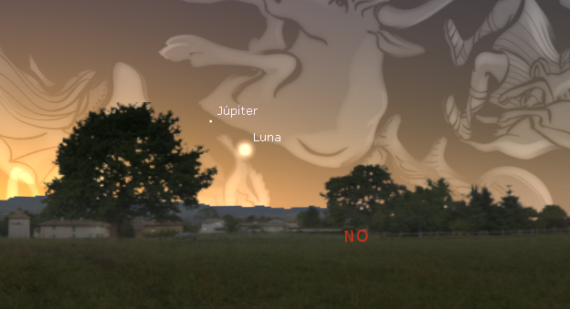Posición de la Luna y Júpiter poco antes de ponerse sobre el horizonte occidental el 10 de abril a las 19:15.
