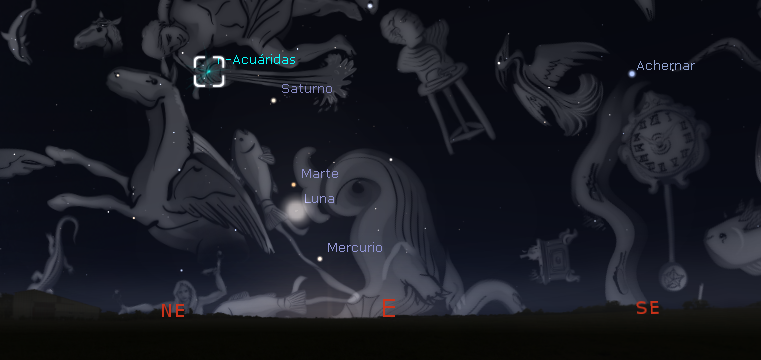 Posición del radiante de la lluvia de meteoros η-Acuáridas el día 5 de mayo a las 6:50. Créditos: www.stellarium.org