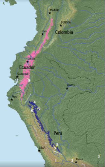 Rango de distribución del Pudú del norte. En rosado, el área norte, y en azul el área sur. Los números indican la ubicación de cada uno de los individuos secuenciados genéticamente en el estudio. Fuente: Barrio et al (2024) & Oscar Chipana.