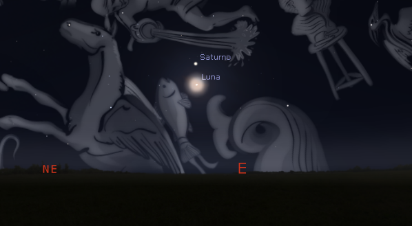 Posición de la Luna y Saturno poco antes de salir sobre el horizonte oriental, el 24 de julio a las 23:50. Crédito: www.stellarium.org
