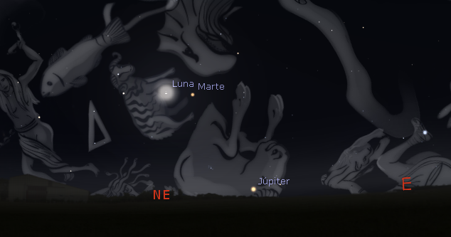 Posición de la Luna y Marte poco antes de salir sobre el horizonte nororiental el 1º de julio a las 05:00. 