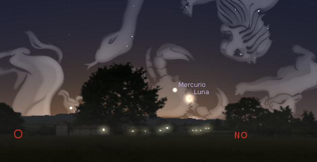 Posición de la Luna y Mercurio poco antes de ponerse sobre el horizonte occidental el 7 de julio a las 17:52. 