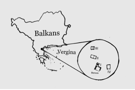 Ubicación de Vergina (antigua Aegae) al sur de la península de los Balcanes. Así como la ampliación del plano de las tumbas reales.