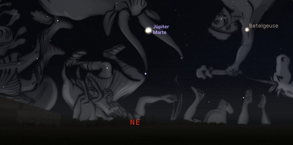 Posición de Júpiter y Marte el miércoles 14 a las 05.30. 