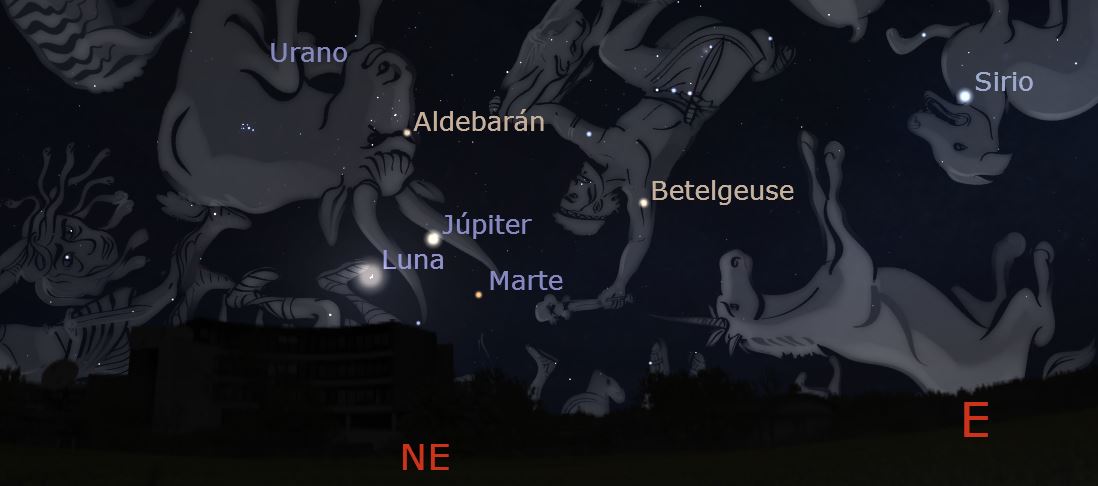 im9: Posición de la Luna y Júpiter sobre el horizonte nororiental, el 27 de agosto a las 5:00. Crédito: www.stellarium.org