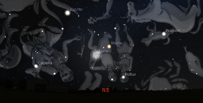 Posición de la Luna y Marte poco antes de salir sobre el horizonte nororiental a las 04:30. Crédito: www.stellarium.org.