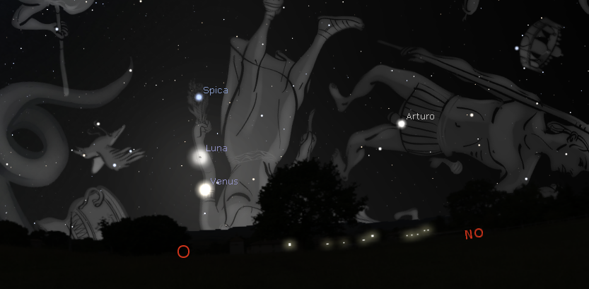 Posición de la Luna y Venus poco antes de ocultarse sobre el horizonte occidental a las 20. 