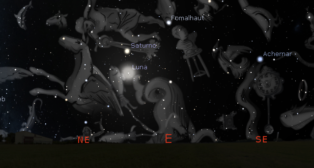 Posición de la Luna y Saturno poco antes de salir sobre el horizonte oriental. 