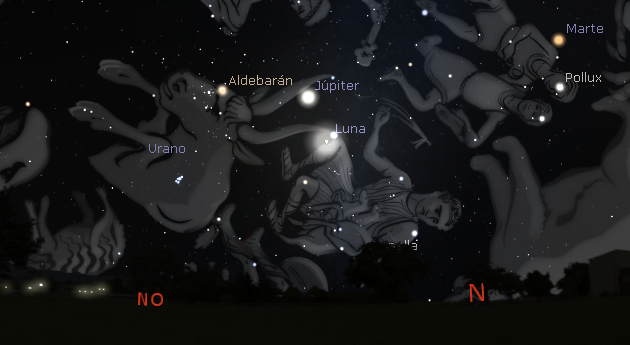 Posición de la Luna y Júpiter el 21 de octubre a las 04:40. Crédito: www.stellarium.org