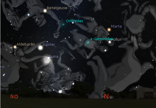 Posición del radiante de la lluvia de meteoros Oriónidas el día 21 de octubre a las 05:30. Créditos: www.stellarium.org