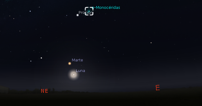 Posición del radiante de la lluvia de meteoros α-monocerótidas el día 21 de noviembre a las 01:45. Créditos: www.stellarium.org