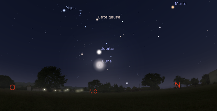 Posición de la Luna y Júpiter poco antes de ponerse sobre el horizonte occidental el 17 de noviembre a las 05:20.Crédito: www.stellarium.org