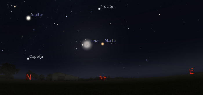 Posición de la Luna y Marte poco antes de salir sobre el horizonte oriental, el día 20 de noviembre a las 02:40.Crédito: www.stellarium.org