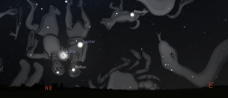 Se observa la posición próxima de la Luna y Júpiter.