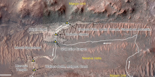 Se observa Neretva Vallis, un valle fluvial de Marte.
